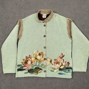 Vintage Sugar Street Weavers Tapestry Cardigan Floral Water Lily Sage Green M